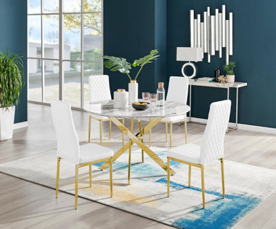 Furniturebox Uk Novara White Marble Gold Leg 120Cm Round Dining Table & 4 White Milan Gold Leg Chairs - image 1