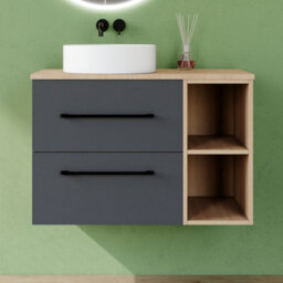 AVER-GROWTH 800mm Bathroom Vanity Unit With Ceramic Basin 2 Drawer Countertop Sink Wall Hung Matt Grey Oak Bathroom Cabinet Shelves Storage
