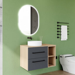 AVER-GROWTH 800mm Bathroom Vanity Unit With Ceramic Basin 2 Drawer Countertop Sink Wall Hung Matt Grey Oak Bathroom Cabinet Shelves Storage - thumbnail 2