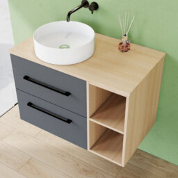 AVER-GROWTH 800mm Bathroom Vanity Unit With Ceramic Basin 2 Drawer Countertop Sink Wall Hung Matt Grey Oak Bathroom Cabinet Shelves Storage - thumbnail 5