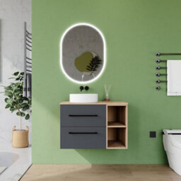 AVER-GROWTH 800mm Bathroom Vanity Unit With Ceramic Basin 2 Drawer Countertop Sink Wall Hung Matt Grey Oak Bathroom Cabinet Shelves Storage - thumbnail 3