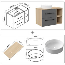 AVER-GROWTH 800mm Bathroom Vanity Unit With Ceramic Basin 2 Drawer Countertop Sink Wall Hung Matt Grey Oak Bathroom Cabinet Shelves Storage - thumbnail 7
