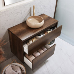 Homestylestore Dark Oak 1000mm Led Lit Wall Hung Bathroom Vanity Unit With Round Sand Countertop Basin - thumbnail 2