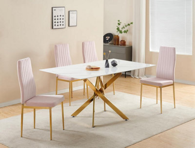 Furnizone UK Auric 6-Seater White Marble-Effect Glass Dining Table And 6 Glitz Pink Velvet Chairs - image 1