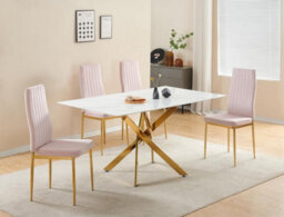 Furnizone UK Auric 6-Seater White Marble-Effect Glass Dining Table And 6 Glitz Pink Velvet Chairs - thumbnail 1