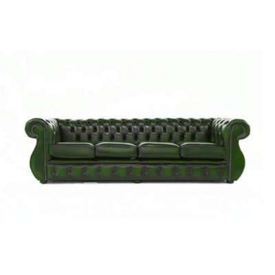 Chesterfield 4 Seater Sofa Antique Green Real Leather In Kimberley Style - image 1