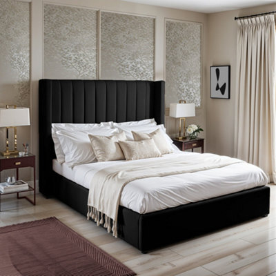 UKBEDFURNITURE Barcelona Wingback Black Plush Valvet Upholstered Bed Frame Only - 48 Inch Headboard - image 1