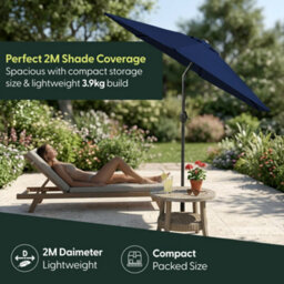 Keplin 2M Tilting Parasol Umbrella With Crank & Tilt, Steel Frame Sun Shade With Cover, 180G Uv-Resistant Polyester,  Navy Blue - thumbnail 6
