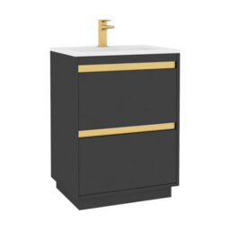 Royal Bathrooms Orion 600mm Matt Obsidian Black 2 Drawer Floor Standing Vanity Unit With Stone Basin & Brushed Brass Strip - thumbnail 6