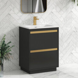 Royal Bathrooms Orion 600mm Matt Obsidian Black 2 Drawer Floor Standing Vanity Unit With Stone Basin & Brushed Brass Strip - thumbnail 5