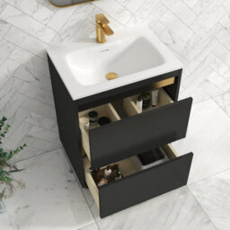 Royal Bathrooms Orion 600mm Matt Obsidian Black 2 Drawer Floor Standing Vanity Unit With Stone Basin & Brushed Brass Strip - thumbnail 4