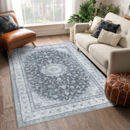 London Boutique Vintage Distressed Area Rug, Low Pile Polyester Floor Mat, Machine Washable Non Shed Rug, 120 X 170Cm, Grey Black - thumbnail 2
