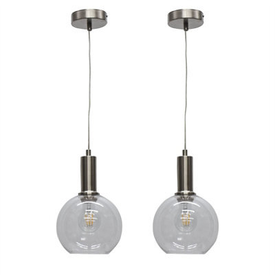 First Choice Lighting Set Of 2 Barnum - Clear Glass Globe Satin Nickel Deco Pendant Fittings - image 1
