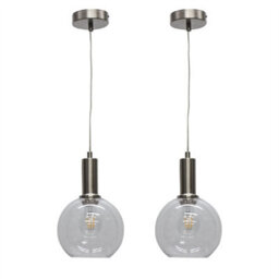 First Choice Lighting Set Of 2 Barnum - Clear Glass Globe Satin Nickel Deco Pendant Fittings - thumbnail 1