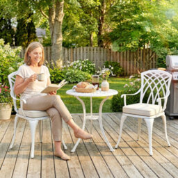 Outsunny 3 Pcs Aluminium Garden Coffee Table Set W/ Parasol Hole & Cushions - thumbnail 9