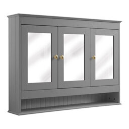 Homestylestore 1050 X 750mm Light Grey Wall Mounted Mirrored Door Bathroom Cabinet And Brushed Brass Round Handles