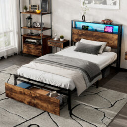 Metal Bed, 3Ft Single Bed 90X190Cm, With Led Light Strip And Drawer, 2 Usb Port+1 Type C, Black+Walnut - thumbnail 1
