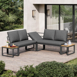 Abrihome 4-5 Seater Garden Set With Convertible Plastic Wood Tables & Adjustable Corner Sofa, For Garden, Balcony And Terrace, Linen, Grey