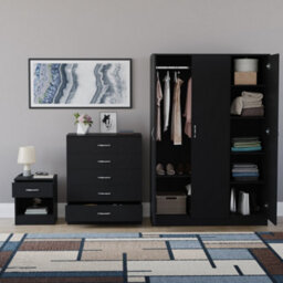 Lassic Vida Designs Riano 3 Piece Bedroom Set (1 Drawer Bedside Chest, 5 Drawer Chest, 3 Door Wardrobe), Black - thumbnail 2