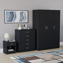Lassic Vida Designs Riano 3 Piece Bedroom Set (1 Drawer Bedside Chest, 5 Drawer Chest, 3 Door Wardrobe), Black - thumbnail 6