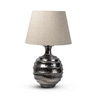 Grey Silver Bedside Table Lamp With Round Metal Base & Fabric Shade - 64Cm High For Living Room, Bedroom, Office Decor - image 1