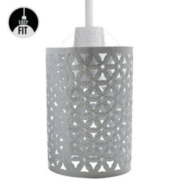 White Metal Bulb Guard Drum Shaped Lamp Shades For Ceiling Pendant Lights Indoor Easy Fit Wire Cages (White)