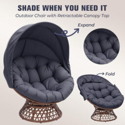 Comhoma Outdoor Papasan Chair With Canopy, Wicker Rattan Egg Moon Chair With Cushion, Patio Lounge Chair For Garden, Grey - thumbnail 9