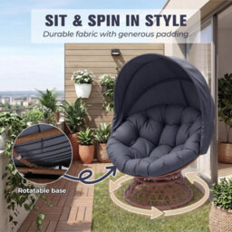 Comhoma Outdoor Papasan Chair With Canopy, Wicker Rattan Egg Moon Chair With Cushion, Patio Lounge Chair For Garden, Grey - thumbnail 5