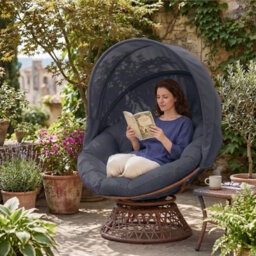 Comhoma Outdoor Papasan Chair With Canopy, Wicker Rattan Egg Moon Chair With Cushion, Patio Lounge Chair For Garden, Grey - thumbnail 3