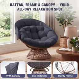 Comhoma Outdoor Papasan Chair With Canopy, Wicker Rattan Egg Moon Chair With Cushion, Patio Lounge Chair For Garden, Grey - thumbnail 6