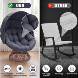 Comhoma Outdoor Papasan Chair With Canopy, Wicker Rattan Egg Moon Chair With Cushion, Patio Lounge Chair For Garden, Grey - thumbnail 7