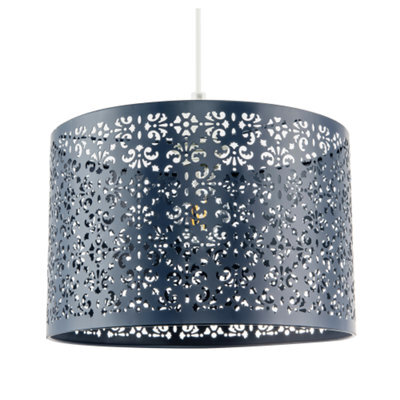 Happy Homewares Midnight Blue Moroccan Metal Pendant Lamp Shade With Floral Decoration - image 1