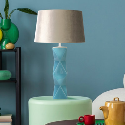 Lighting Collection Textured Teal Ceramic Table Lamp With Neutral Fabric Shade - image 1