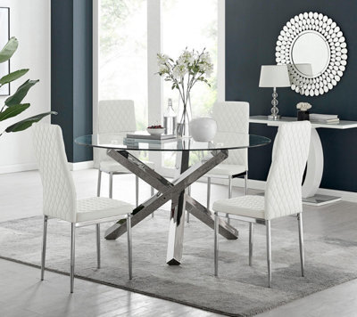 Furniturebox Uk Vogue Large Round Chrome Metal Clear Glass Dining Table And 4 White Milan Dining Chairs Set - image 1