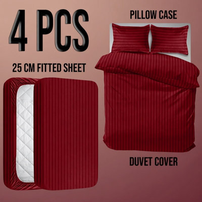 Oxford Homeware Burgundy Double Stripe Soft Microfiber Duvet Cover, Fitted Sheet & Pillowcase Set 4 Piece Bedding Set