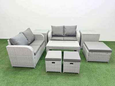 Fimous 7 Seater Outdoor Love Sofa Set Rattan Garden Furniture Set Oblong Coffee Table 3 Footstool 2 Side Tables Light Grey - image 1