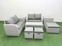 Fimous 7 Seater Outdoor Love Sofa Set Rattan Garden Furniture Set Oblong Coffee Table 3 Footstool 2 Side Tables Light Grey - thumbnail 2
