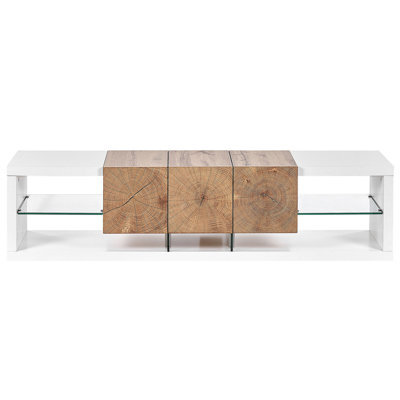 Beliani Home Tv Stand 160 Cm White And Light Wood Veneer With Tempered Glass Top - Fits Up To 70-Inch Tvs - image 1