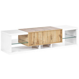 Beliani Home Tv Stand 160 Cm White And Light Wood Veneer With Tempered Glass Top - Fits Up To 70-Inch Tvs - thumbnail 6