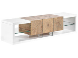 Beliani Home Tv Stand 160 Cm White And Light Wood Veneer With Tempered Glass Top - Fits Up To 70-Inch Tvs - thumbnail 3