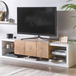 Beliani Home Tv Stand 160 Cm White And Light Wood Veneer With Tempered Glass Top - Fits Up To 70-Inch Tvs - thumbnail 2