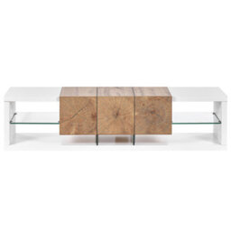 Beliani Home Tv Stand 160 Cm White And Light Wood Veneer With Tempered Glass Top - Fits Up To 70-Inch Tvs - thumbnail 1
