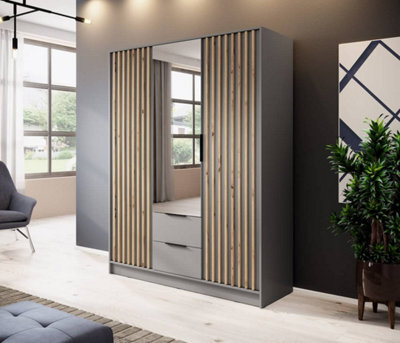 Arte Nelly Contemporary Mirrored Hinged 3 Door Wardrobe Grey 2 Drawers 8 Shelves 1 Rail Lamela Decor (H)2000mm (W)1550mm (D)510mm - image 1