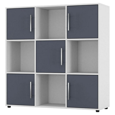 Urbn-Living Urbnliving 91Cm Height 9 Cube Bookcase White Wood Grey Door Metal Handle Display Storage Shelf - image 1