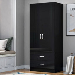 High Gloss Black Door(Matt Black Body) 2 Door 2 Drawer Wooden Wardrobe - thumbnail 5