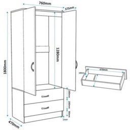 High Gloss Black Door(Matt Black Body) 2 Door 2 Drawer Wooden Wardrobe - thumbnail 2
