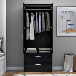 High Gloss Black Door(Matt Black Body) 2 Door 2 Drawer Wooden Wardrobe - thumbnail 4