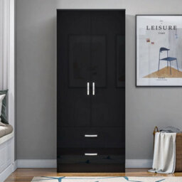 High Gloss Black Door(Matt Black Body) 2 Door 2 Drawer Wooden Wardrobe - thumbnail 3