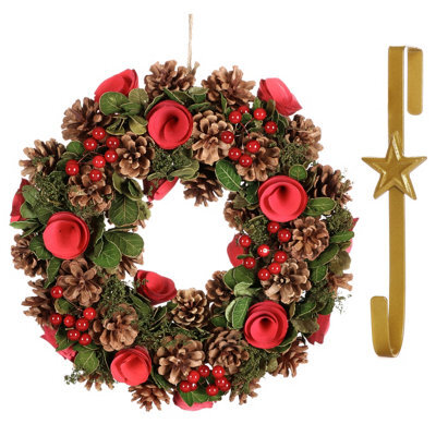 Dibor 35Cm Red Berries And Roses Front Door Christmas Wreath With Star Wreath Hanger - image 1