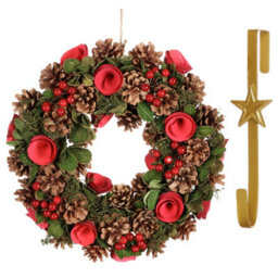 Dibor 35Cm Red Berries And Roses Front Door Christmas Wreath With Star Wreath Hanger